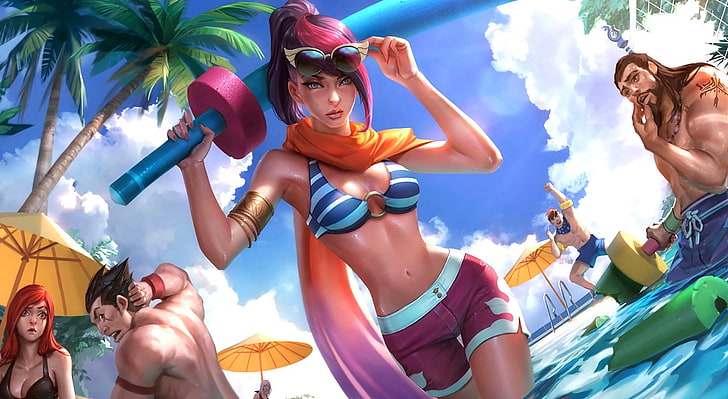 League of Legends - Pool Party Fiora, five anime characters wallpaper, Games, Other Games, HD wallpaper
