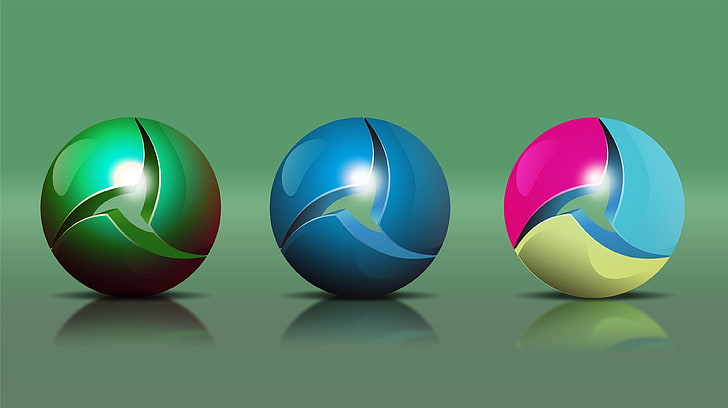 три разноцветных шарика обои, шарики, формы, сферы, отражение, HD обои