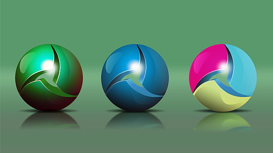 three assorted-color balls wallpaper, balls, shapes, spheres, reflection, HD wallpaper HD wallpaper
