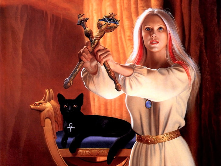 cat, egyptian, fantasy, girl, sorceress, woman, HD wallpaper