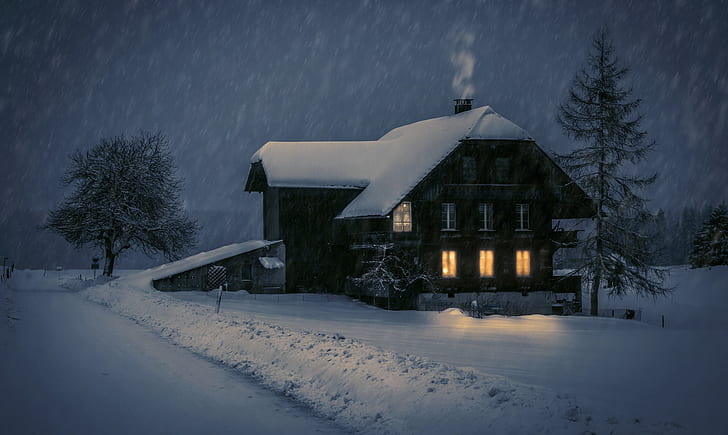 dark, house, lights, winter, snow, HD wallpaper