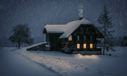 темно, дом, огни, зима, снег, HD обои HD wallpaper