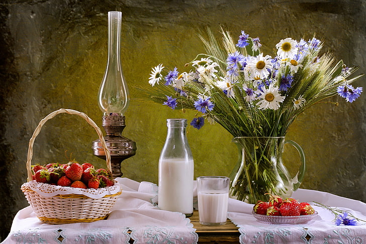 Stillleben, Essen, Erdbeeren, Blumen, Milch, Obst, HD-Hintergrundbild