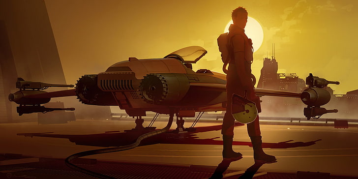 رجل يقف بالقرب من خلفية طائرة رقمية ، عمل فني ، خيال علمي ، سفينة فضاء، خلفية HD