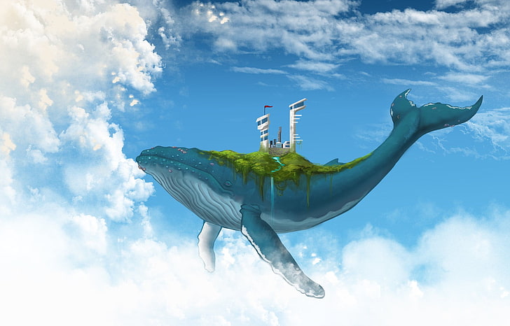 teal and white whale illustration, digital art, fantasy art, animals, whale, floating, clouds, sky, building, futuristic, nature, stream, waterfall, HD wallpaper
