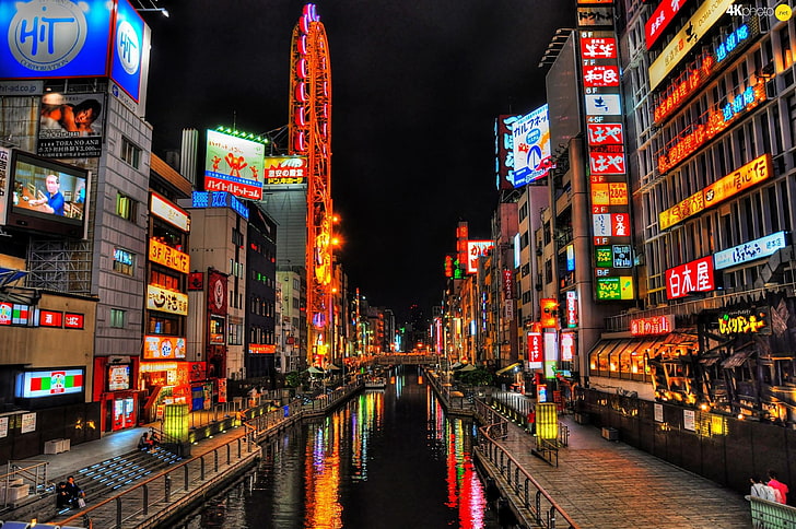 灰色のコンクリートの建物、日本、都市の景観、街の明かり、水、道頓堀、 HDデスクトップの壁紙