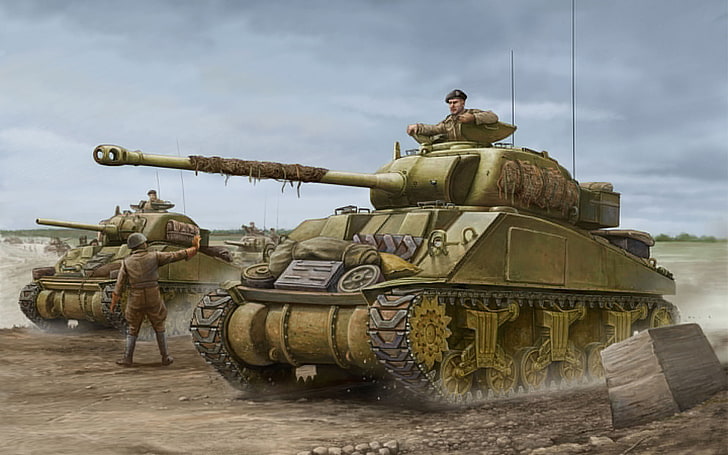 illustration of two green battle tanks with soldiers, art, tank, Firefly, game, the, tanks, army, Sherman, Flames of War, WW2., British, world war II, miniatures, 17-pound, 2mm, re, anti-tank, gun, HD wallpaper