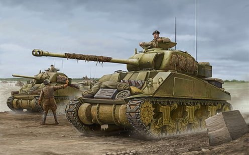 illustration of two green battle tanks with soldiers, art, tank, Firefly, game, the, tanks, army, Sherman, Flames of War, WW2., British, world war II, miniatures, 17-pound, 2mm, re, anti-tank, gun, HD wallpaper HD wallpaper