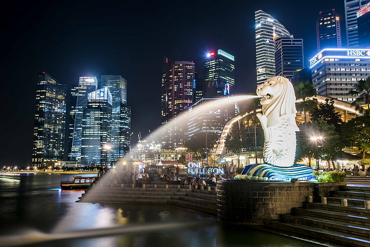 Merlion, Сингапур, подсветка, Сингапур, небостъргачи, мегаполис, фонтани, HD тапет