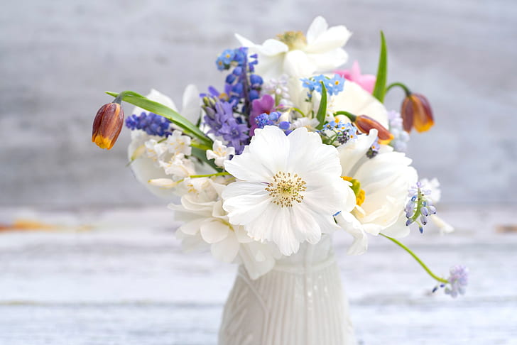 bouquet, bokeh, forget-me-nots, Muscari, anemones, grouse, HD wallpaper