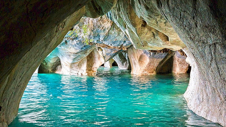 cave, marble cave, general carrera lake, marble caves, chile chico, puerto rio tranquilo, chile, patagonia, rock formation, marble, turquoise lake, lake, turquoise water, turquoise, lake buenos aires, caves, HD wallpaper