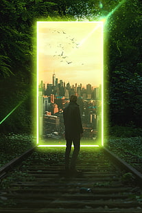 Menschen, Wald, Stadt, Portal, Phantasie, HD-Hintergrundbild HD wallpaper