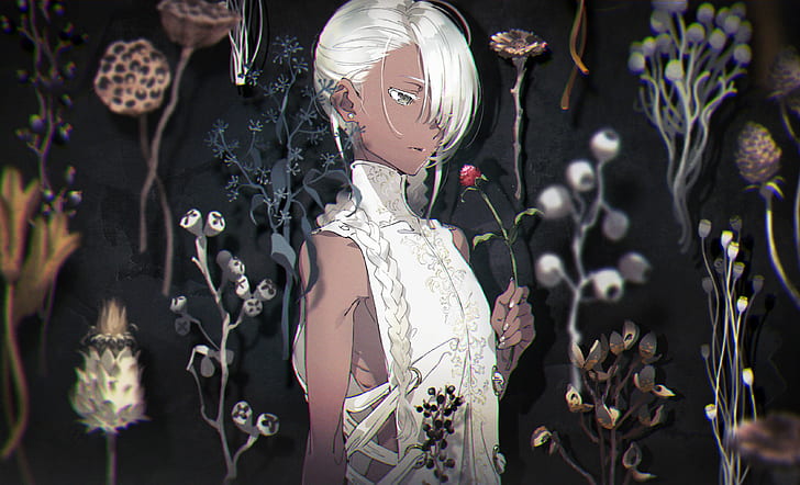 yoneyama 마이, 꽃 활, 짧은 머리, 꽃, 흰 머리카락, 검은 피부, 하얀 눈, HD 배경 화면