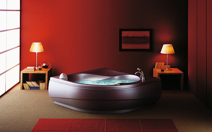 Ванная Джакузи, белая керамическая ванна;две коричневые деревянные тумбочки с лампой, мебель для ванной комнаты, дизайн интерьера, HD обои