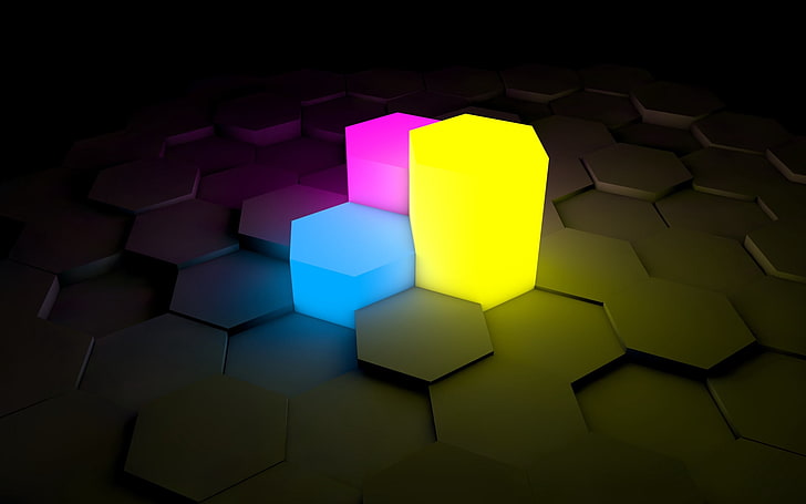 purple, blue, and yellow hexagonal LED lights, figurines, lights, neon, surface, HD wallpaper