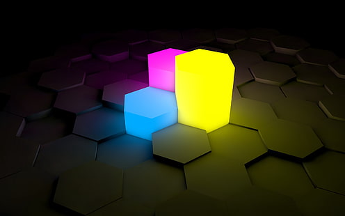 purple, blue, and yellow hexagonal LED lights, figurines, lights, neon, surface, HD wallpaper HD wallpaper