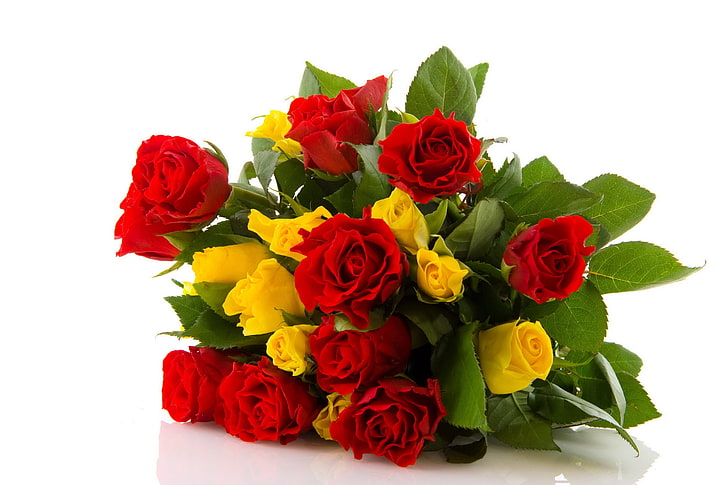 червен и жълт букет цветя, роза, цвете, червено, жълто, HD тапет