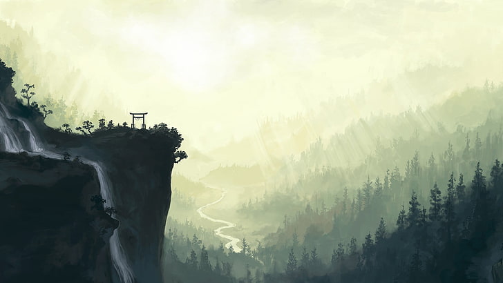 Torri-Tor auf grafischer Tapete der Klippe, Animation, Grafik, Fantasiekunst, Wasserfall, Sonnenstrahlen, Wald, Japan, HD-Hintergrundbild