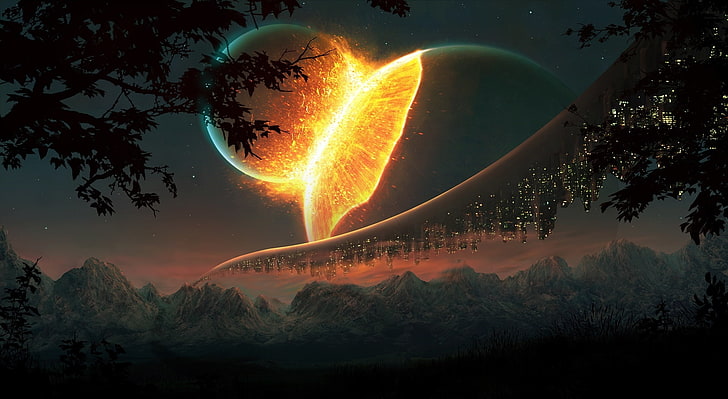 Science Fiction, two planets collide digital wallpaper, Artistic, Fantasy, HD wallpaper