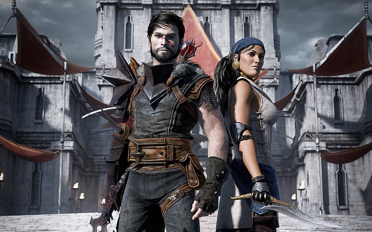 мъж и жена с оръжия, Dragon Age, Dragon Age II, Hawke, Isabela, Electronic Arts, видео игри, HD тапет