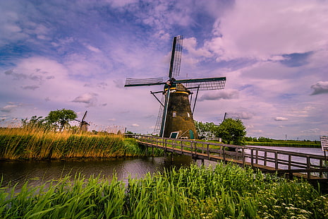 мост, река, канал, Холандия, вятърна мелница, Kinderdijk, HD тапет HD wallpaper