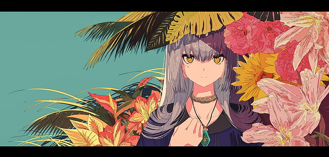焦 茶, gadis anime, bunga, rambut panjang, Wallpaper HD HD wallpaper