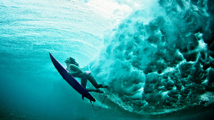 blue surfboard, women, water, underwater, surfing, sports, sea, waves, HD wallpaper