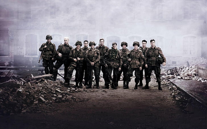 Band of Brothers Cast, soldiers in front building ruins, Band of Brothers, HD wallpaper