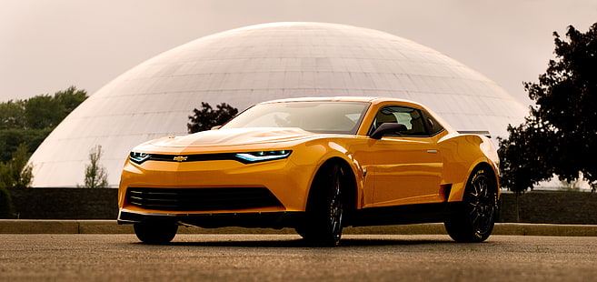 pomarańczowy Chevrolet Camaro coupe, Transformers: Age of Extinction, filmy, Bumblebee, Bumblebee (Transformers), Chevrolet Camaro, Tapety HD HD wallpaper