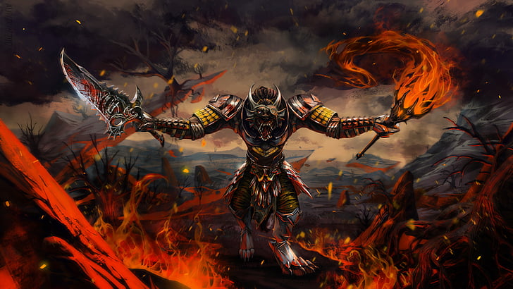 Dark, Warrior, Armor, Creature, Fire, Landscape, Sword, Torch, HD wallpaper