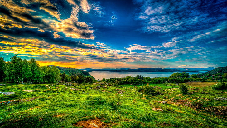 Lakes Trees Green Grass Mountains Clouds Sunset Dusk Wallpaper For Computer Tablet And Mobile Phone 2880×1620, HD wallpaper