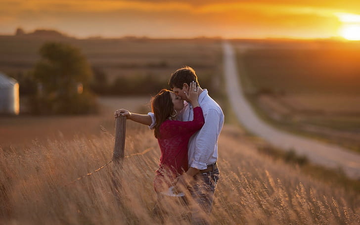 couple, Kiss, field, road, sky, photography, 1920x1200, 4k love, HD wallpaper