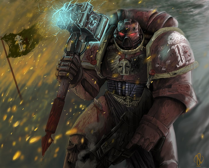 male character wallpaper, warhammer 40k, space marine, game, hammer, flag, HD wallpaper