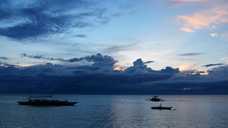 Себу, Моалбоал, Филиппины, закат, сумерки, облака, море, лодки, Себу, Моалбоал, Филиппины, закат, сумерки, облака, море, лодки, HD обои
