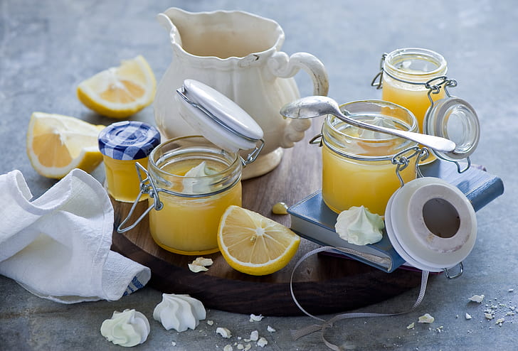jars, dessert, lemons, meringue, lemon cream, HD wallpaper