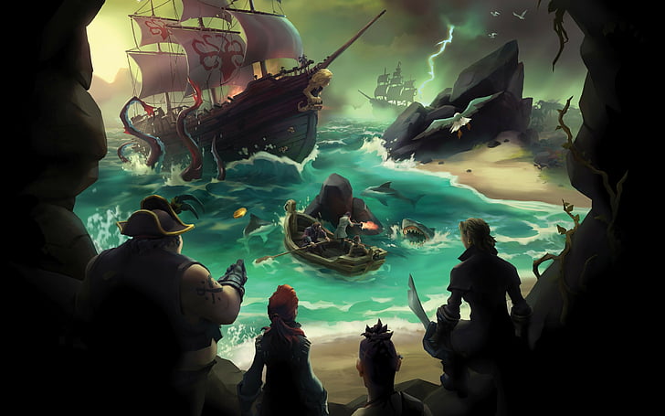 segelfartyg trasslat av bläckfisk nära stranden med hajar och fyra piratspel digital tapeter, Sea of ​​Thieves, Gamescom 2016, pirater, bästa spel, pc, ps4, Xbox One, HD tapet