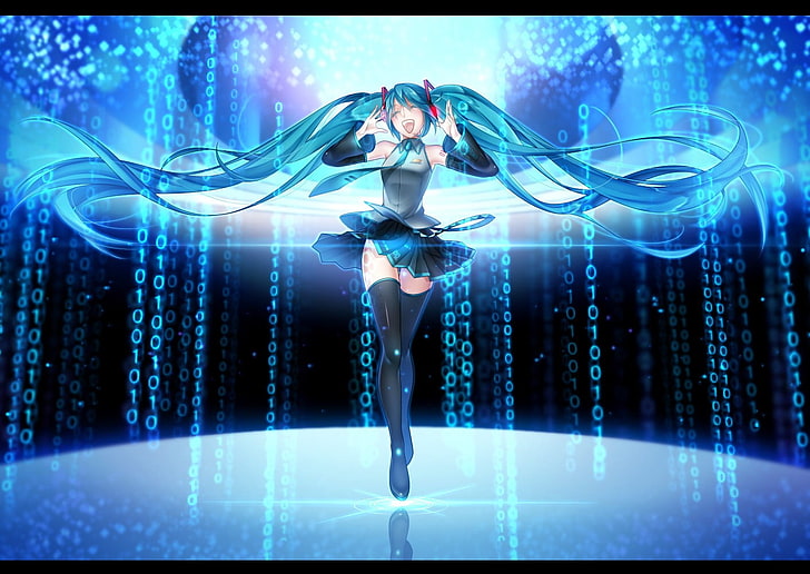 Hatsune Miku, Vocaloid, Zwillingsschwänze, Schenkel hoch, geschlossene Augen, HD-Hintergrundbild