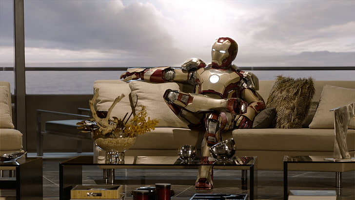 Iron Man sitting on brown sofa digital wallpaper, Iron Man, Robert Downey ml, Robert Downey Jr., Tony Stark, Iron Man 3, HD wallpaper