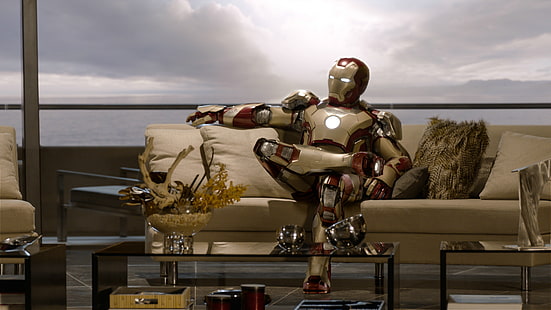 Cyfrowa tapeta Iron Man siedząca na brązowej sofie, Iron Man, Robert Downey ml, Robert Downey Jr., Tony Stark, Iron Man 3, Tapety HD HD wallpaper
