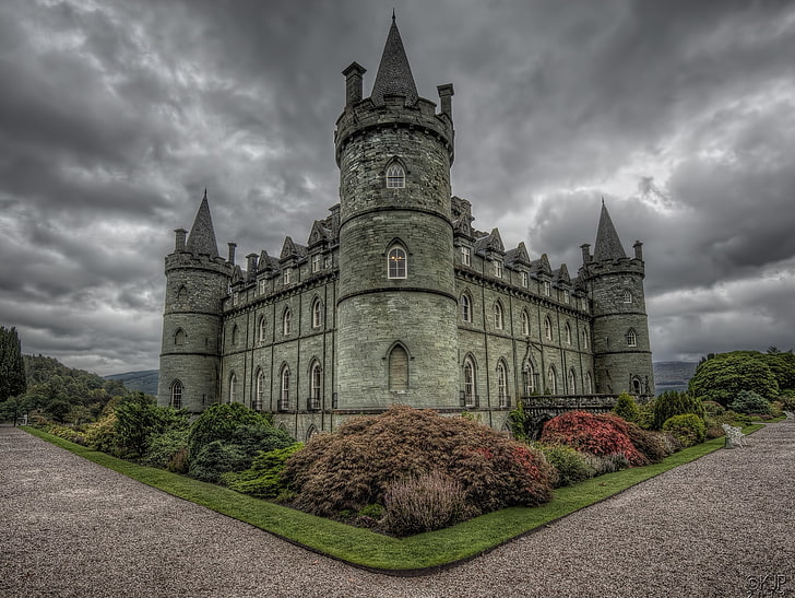 castillo marrón y negro, Escocia, los arbustos, el castillo de Inveraray, Fondo de pantalla HD
