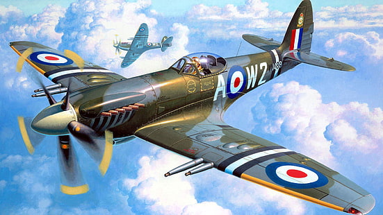green AOW2 fighter plane digital wallpaper, figure, art, Spitfire, Supermarine, the English fighter, Mk.22/24, HD wallpaper HD wallpaper