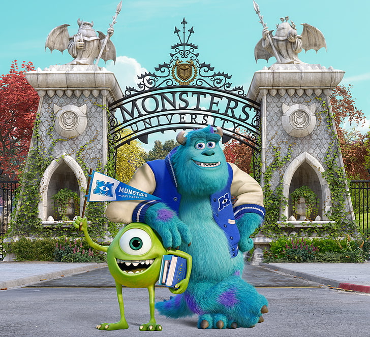 Mike Wazowsky and James P. Sullivan, cartoon, gate, friends, statues, students, Academy of monsters, Monsters University, Inc., Monsters Inc., Monsters, campus, HD wallpaper