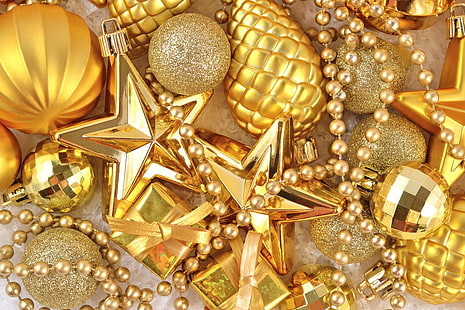 banyak dekorasi natal berwarna emas, dekorasi, Tahun Baru, Natal, emas, Selamat, Wallpaper HD HD wallpaper
