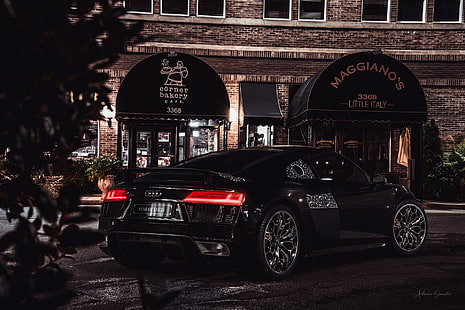 carro, veículo, Audi, carros pretos, noite, cidade, Audi R8, HD papel de parede HD wallpaper