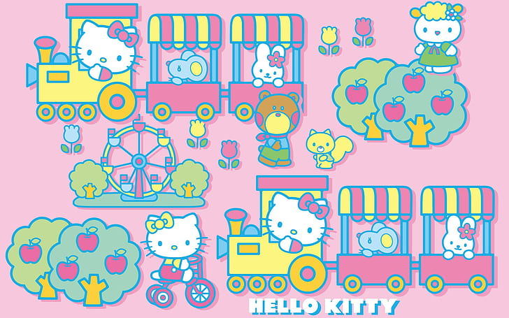 Hello Kitty, warna-warni, latar belakang merah muda, kuning, latar belakang sederhana, Wallpaper HD