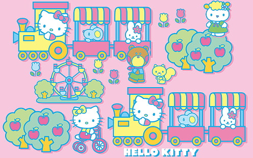 Hello Kitty, warna-warni, latar belakang merah muda, kuning, latar belakang sederhana, Wallpaper HD HD wallpaper