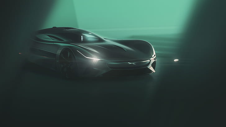 Jaguar Vision GT, автомобиль, транспортное средство, футуристический, зеленый, суперкары, Super Car, Jaguar, концепт-кар, концепт-арт, Vision Gran Turismo, произведение искусства, купе, Hypercar, цифровое искусство, светящиеся, серые автомобили, серые автомобили, HD обои