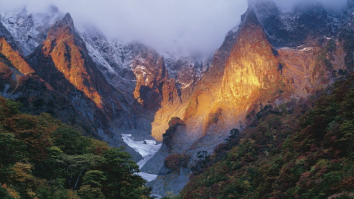 горные хребты, природа, пейзаж, горы, Япония, деревья, лес, лед, снег, долина, туман, восход солнца, тень, HD обои