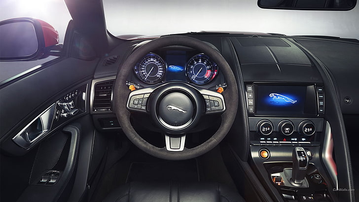 black and silver vehicle interior, Jaguar F-Type, car, vehicle, car interior, Jaguar (car), HD wallpaper