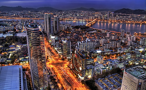 Сеул през нощта, Южна Корея, тапет за високи сгради, Азия, Други, Нощ, Сгради, Небостъргачи, панорама, Южна Корея, Сеул, HD тапет HD wallpaper